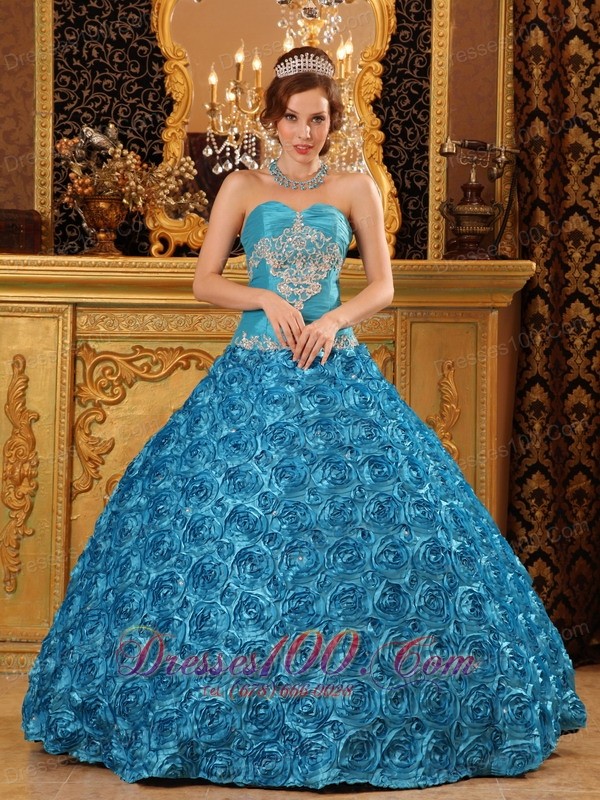 Rolling Flower Sky Blue Appliques Sweetheart Quinceanera Gown
