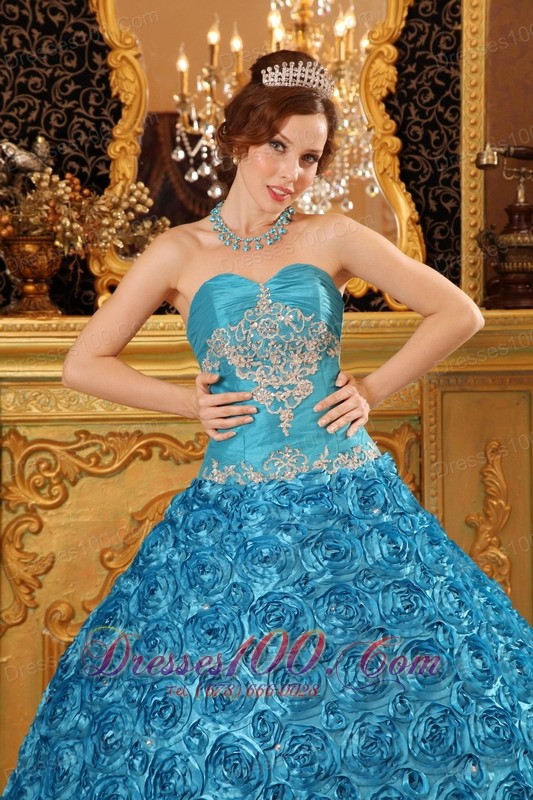 Rolling Flower Sky Blue Appliques Sweetheart Quinceanera Gown