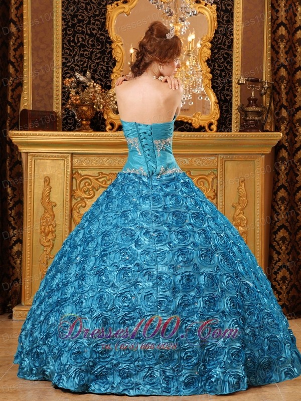 Rolling Flower Sky Blue Appliques Sweetheart Quinceanera Gown
