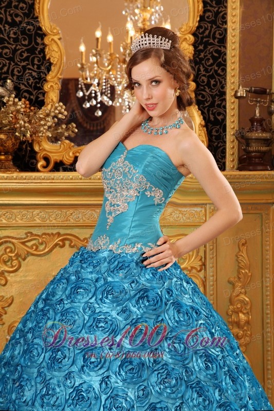 Rolling Flower Sky Blue Appliques Sweetheart Quinceanera Gown