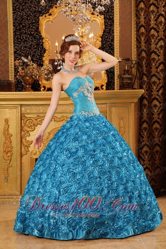 Rolling Flower Sky Blue Appliques Sweetheart Quinceanera Gown