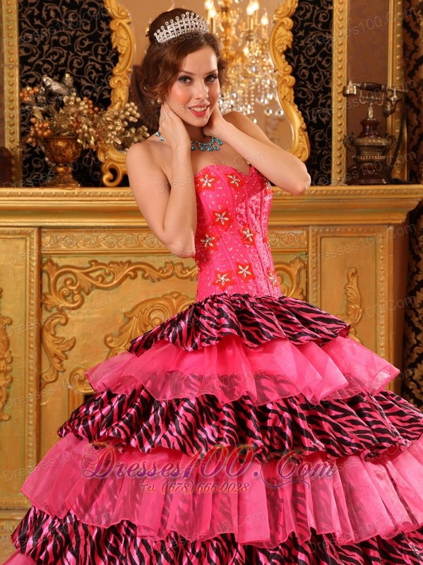 Layer Hot Pink and Zebra Sweet 16 Dress Strapless