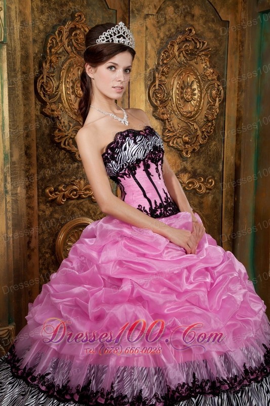 Rose Pink and Zebra Print Pick-ups Boning Sweet 15 Dress