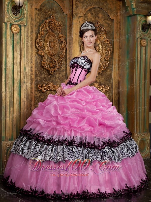 Rose Pink and Zebra Print Pick-ups Boning Sweet 15 Dress