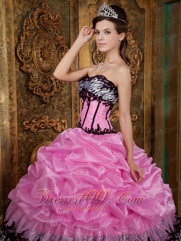 Rose Pink and Zebra Print Pick-ups Boning Sweet 15 Dress