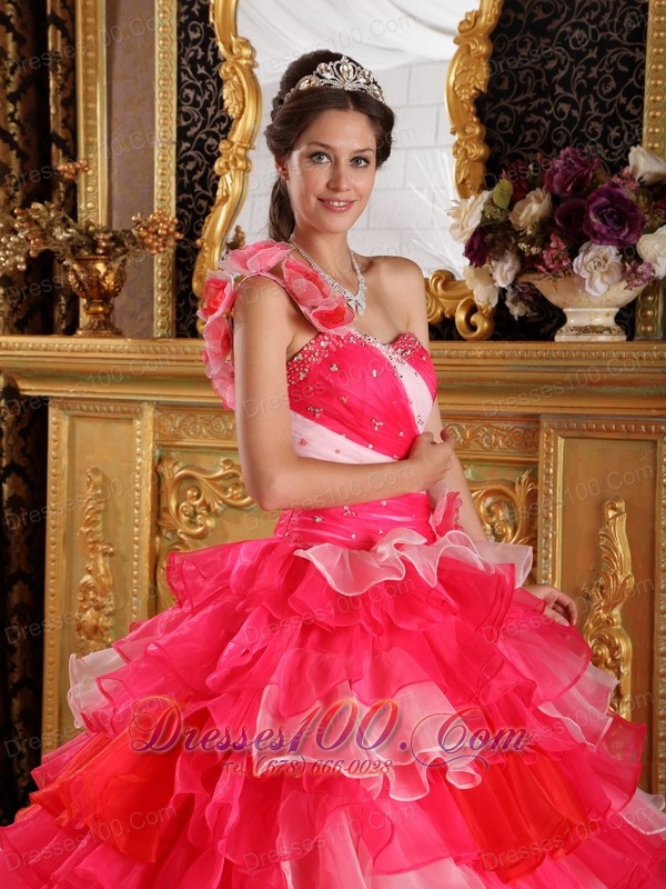 Red Pink Color Quinceanera Dress Layer One Shoulder