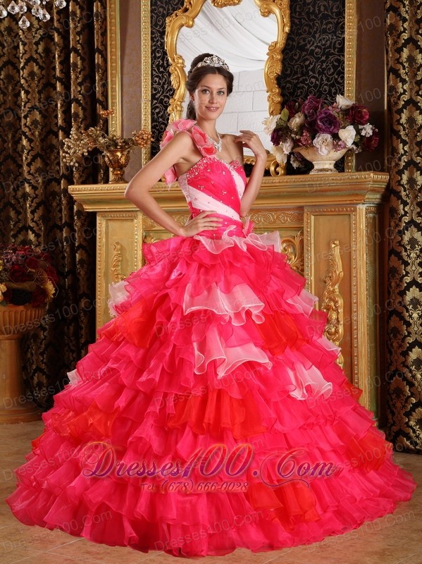 Red Pink Color Quinceanera Dress Layer One Shoulder