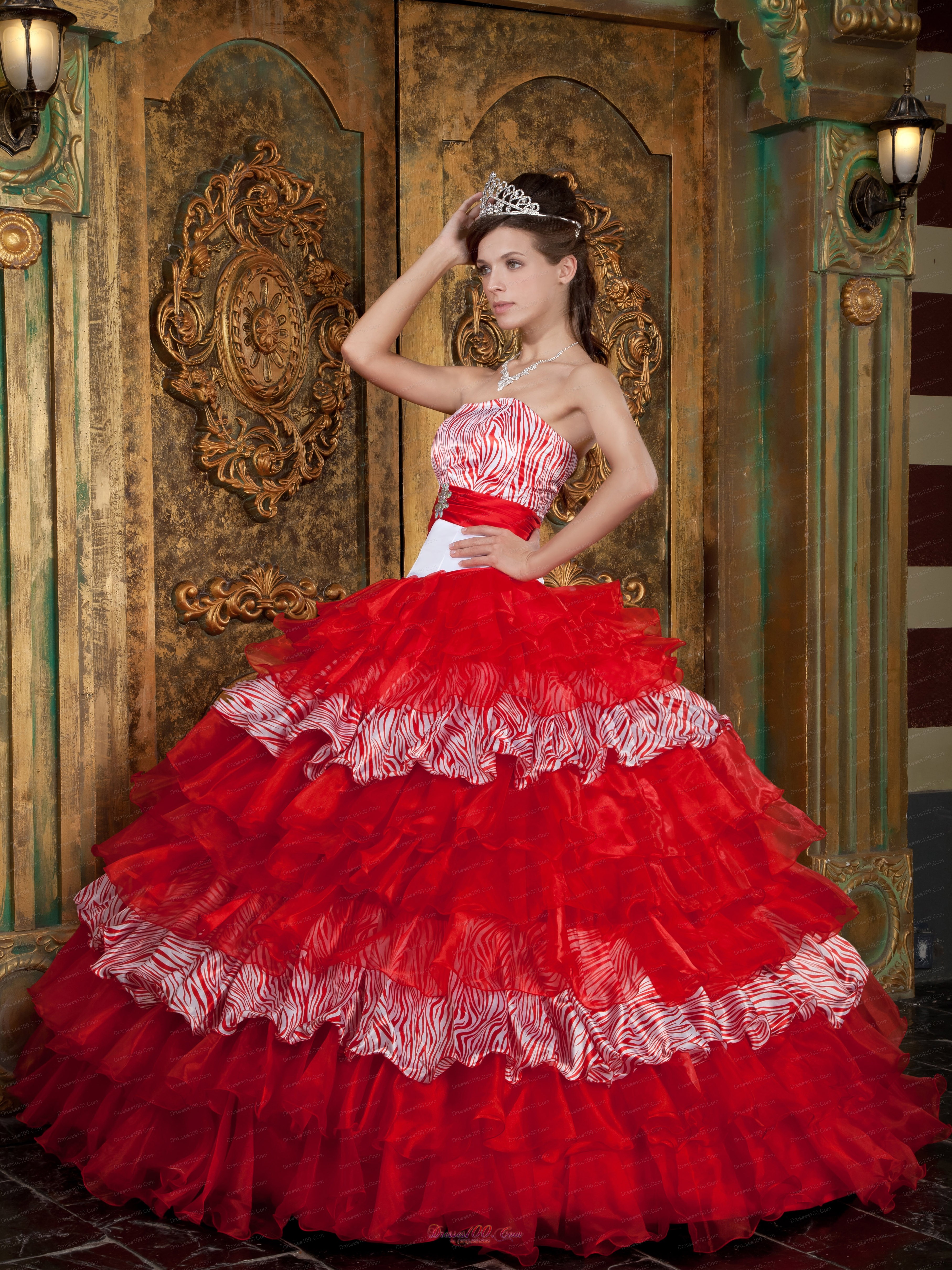 Red and Zebra Print Ball Gown Quinceanera Dress Layer