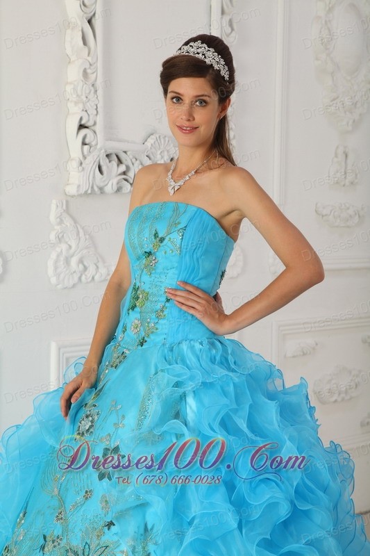 Strapless Aqua Blue Quinceanera Dress Embroidery