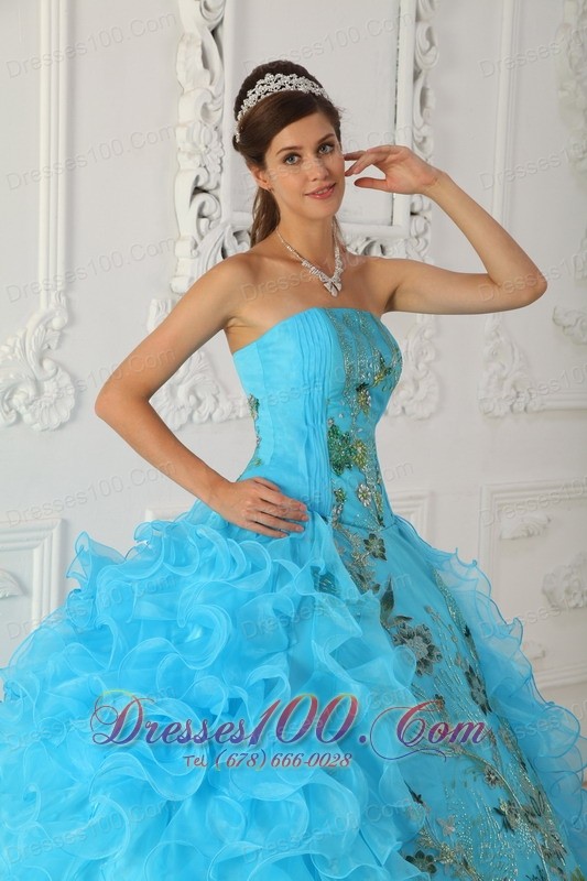 Strapless Aqua Blue Quinceanera Dress Embroidery