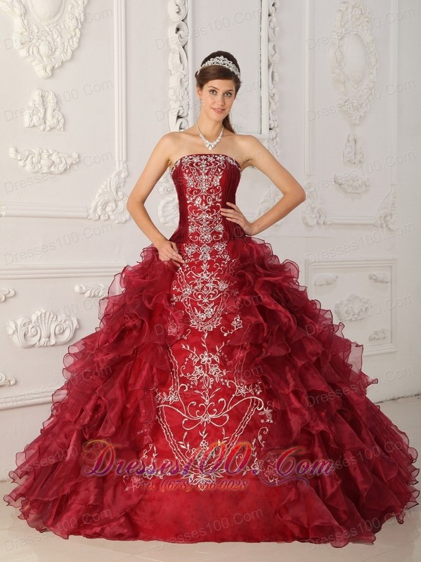 Wine Red Quinceanera Gowns Dresses Embroidery