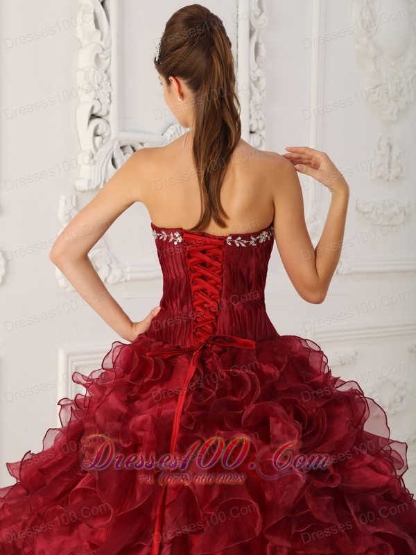 Wine Red Quinceanera Gowns Dresses Embroidery