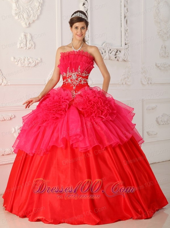 Red Princesita Quinceanera Dress Hand Made Flower