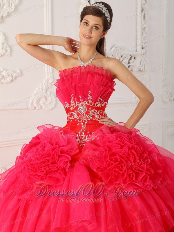 Red Princesita Quinceanera Dress Hand Made Flower