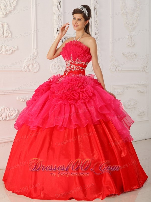 Red Princesita Quinceanera Dress Hand Made Flower
