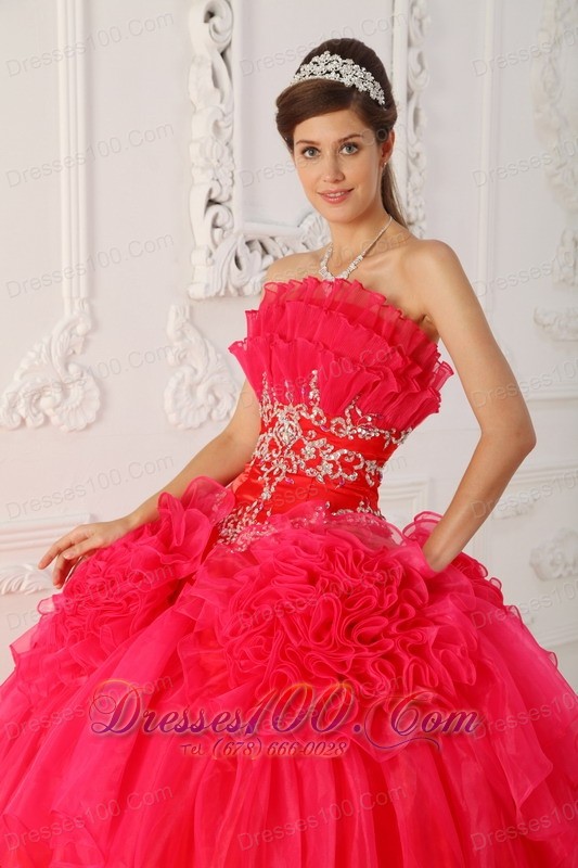 Red Princesita Quinceanera Dress Hand Made Flower
