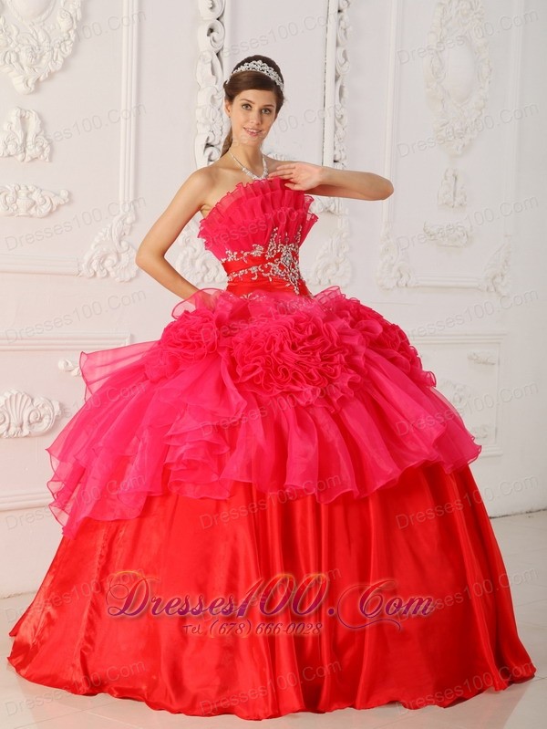 Red Princesita Quinceanera Dress Hand Made Flower