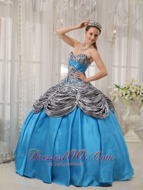 Blue and Zebra Print Ruch Sweetheart Quinceanera Dress