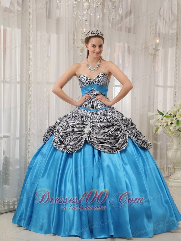Blue and Zebra Print Ruch Sweetheart Quinceanera Dress