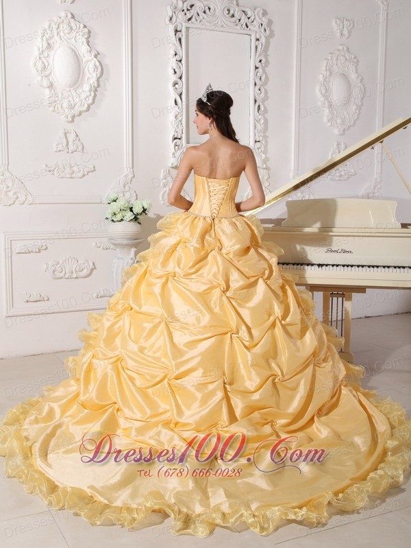 Yellow Quinceanera Dress Strapless Floral and Beading Sweep Train