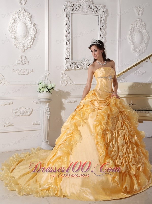 Yellow Quinceanera Dress Strapless Floral and Beading Sweep Train