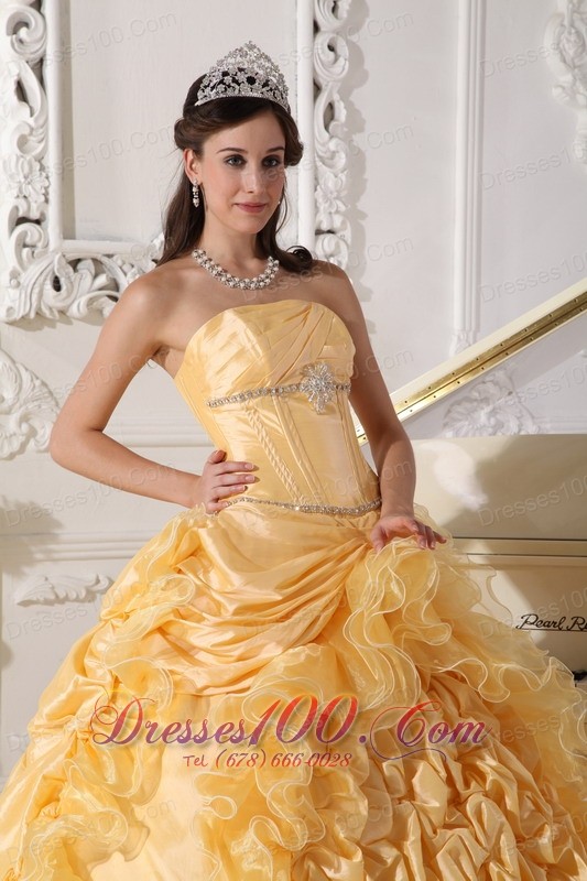 Yellow Quinceanera Dress Strapless Floral and Beading Sweep Train