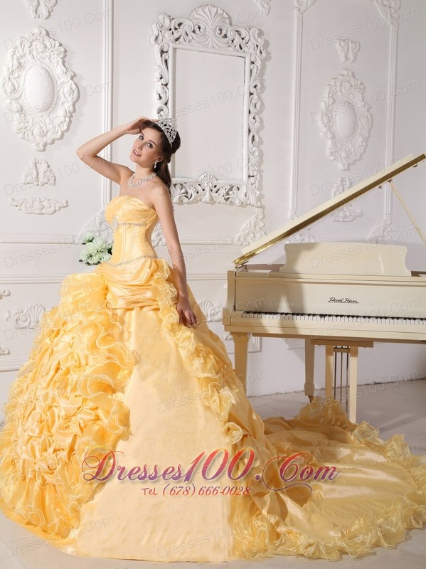 Yellow Quinceanera Dress Strapless Floral and Beading Sweep Train