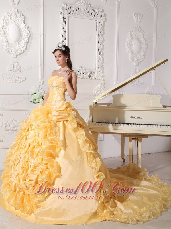 Yellow Quinceanera Dress Strapless Floral and Beading Sweep Train