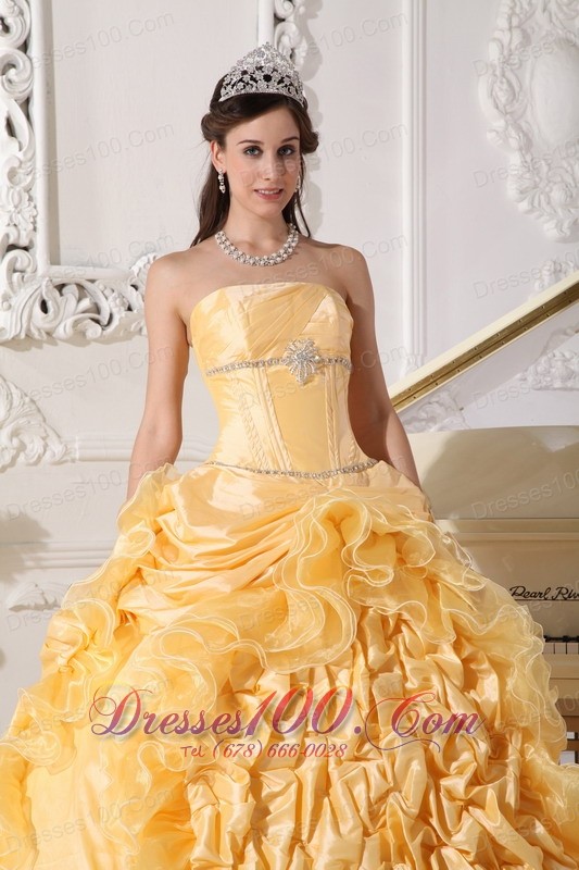 Yellow Quinceanera Dress Strapless Floral and Beading Sweep Train