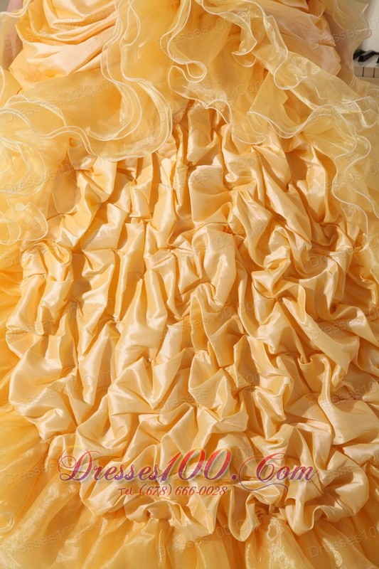 Yellow Quinceanera Dress Strapless Floral and Beading Sweep Train
