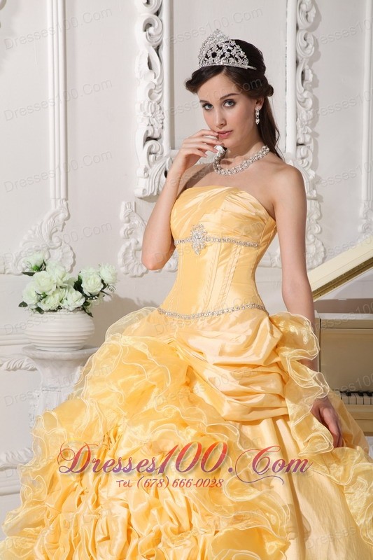 Yellow Quinceanera Dress Strapless Floral and Beading Sweep Train