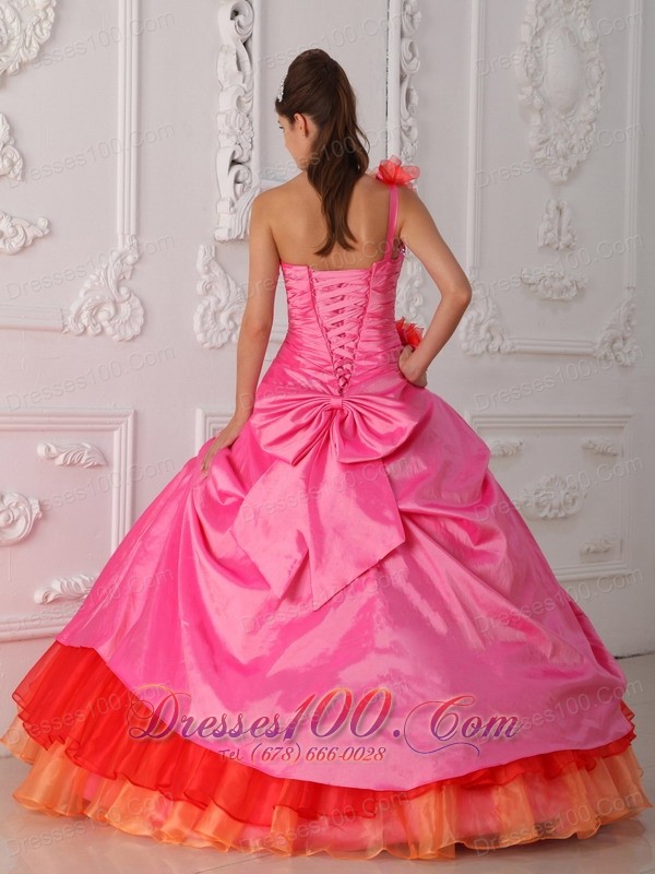 Rose Pink and Orange Quince Dress Hand Made Flower One Shoulder