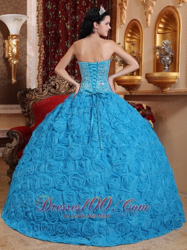 Blue Quinceanera Dress Ball Gown Strapless Rolling Flower