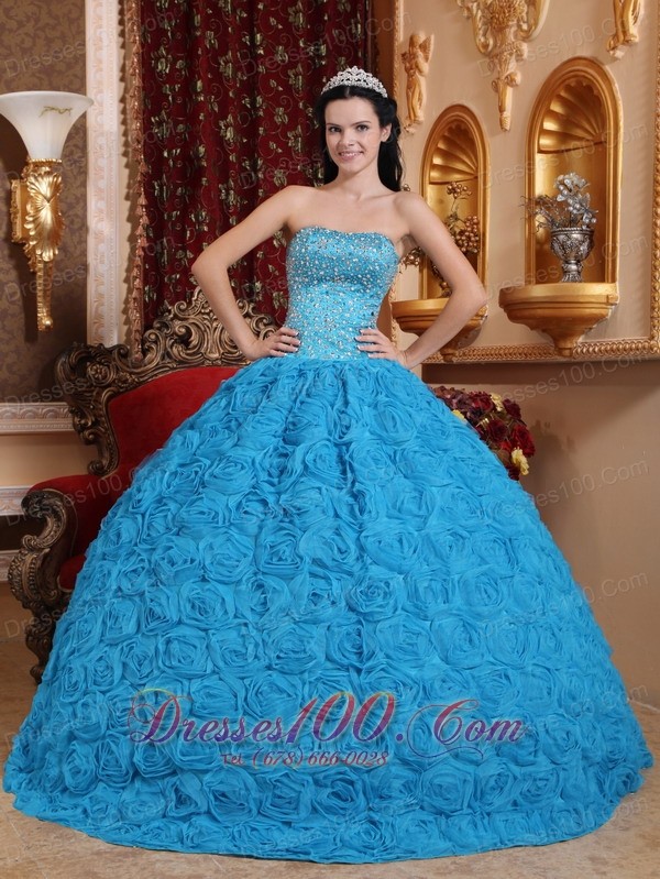 Blue Quinceanera Dress Ball Gown Strapless Rolling Flower