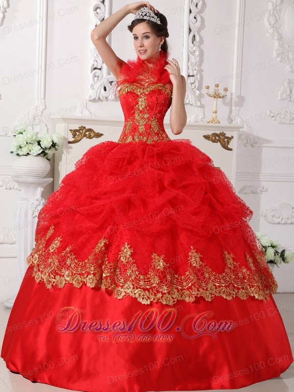 Halter Quinceanera Dress Red and Gold Taffeta Beading Appliques