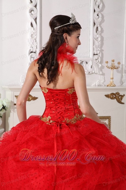 Halter Quinceanera Dress Red and Gold Taffeta Beading Appliques