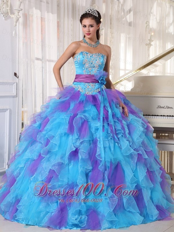 Strapless Baby Blue and Purple Quinceanera Dress Hand Made Flower