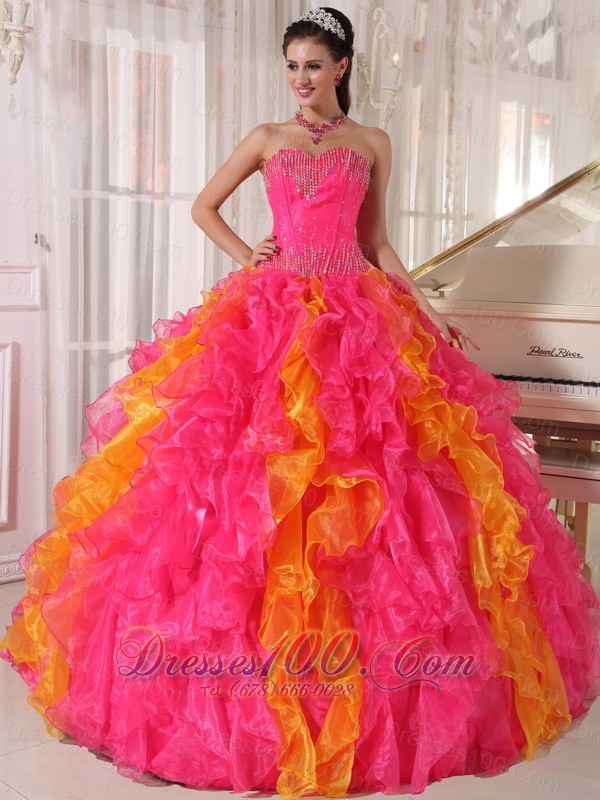 Hot Pink and Orange Beading Floral Sweet 16 Dress Ball Gown