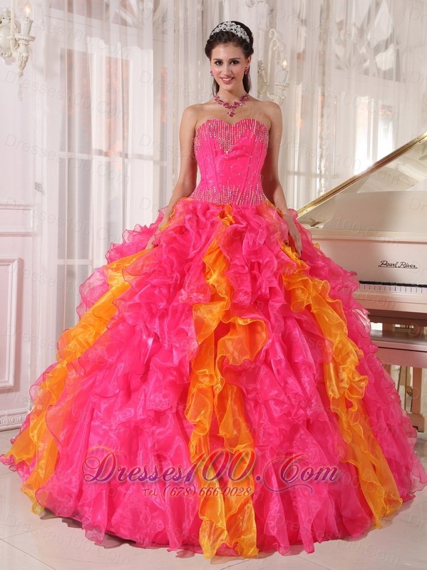 Hot Pink and Orange Beading Floral Sweet 16 Dress Ball Gown