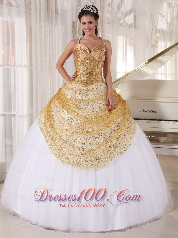 Informal Champagne and White Quinceanera Dress Halter