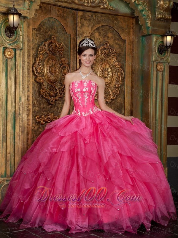 Hot Pink Quinceanera Applique Layer Puffy Sweet 15 Dress