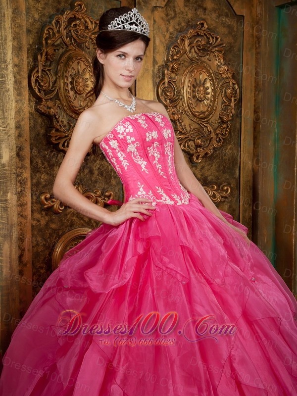 Hot Pink Quinceanera Applique Layer Puffy Sweet 15 Dress
