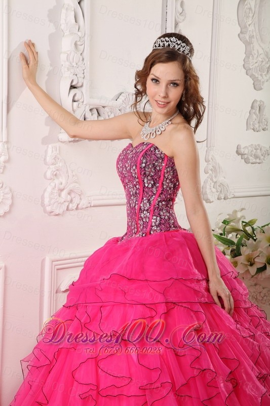 Hot Pink Layer Flower Print Bodice Sweet 16 Dress