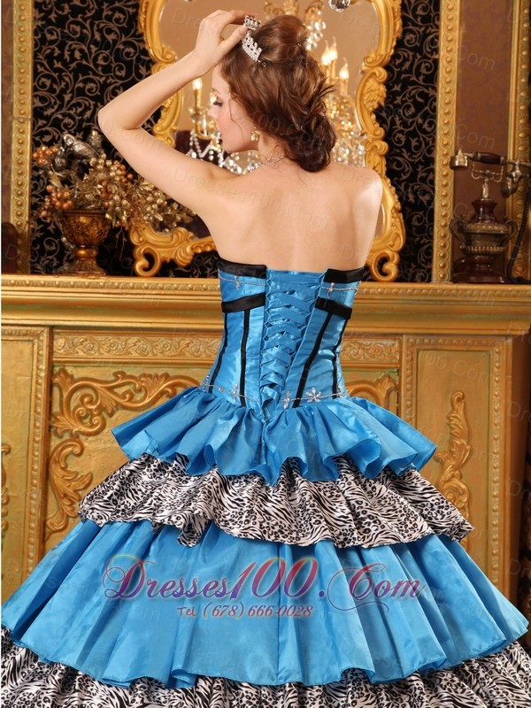 Multi-tierd Sweetheart Zebra and Blue Quinceanera Dress