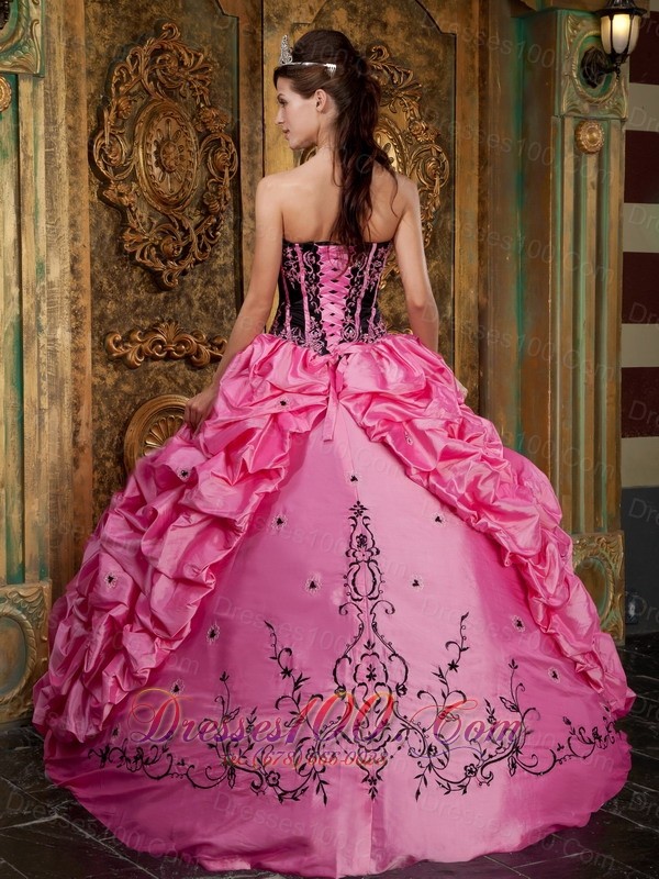 Rose Pink Quinceanera Ball Gown Boning Pick-ups Embroidery