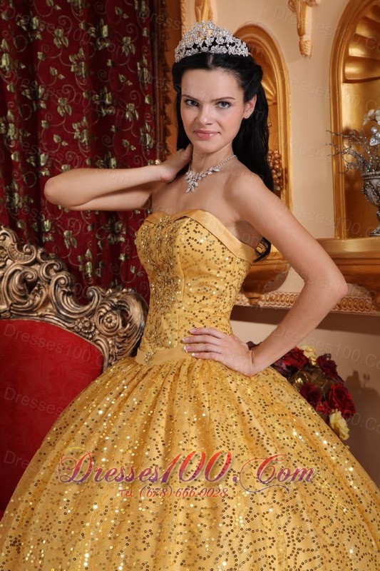 Perfect Gold Sequince Floor-length 2013 Quinceanera Ball Gown