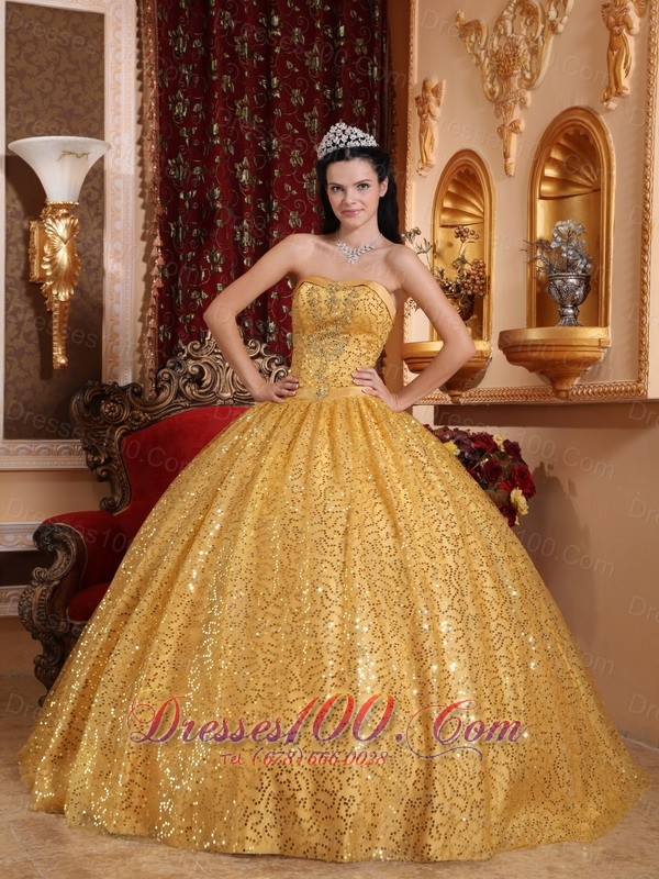 Perfect Gold Sequince Floor-length 2013 Quinceanera Ball Gown