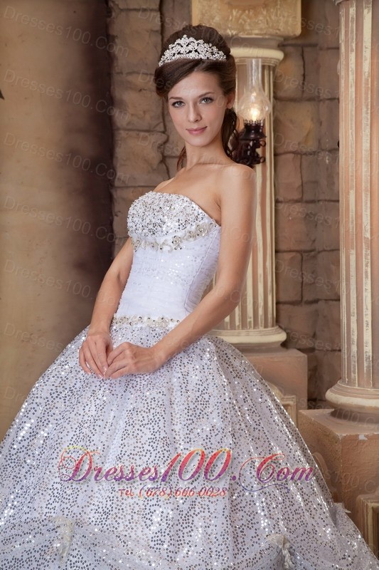 White and Silver Quinceanera Ball Gown Strapless for