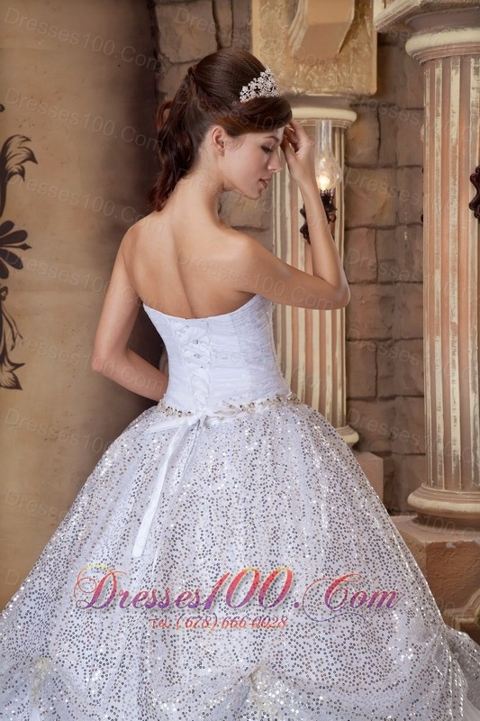 White and Silver Quinceanera Ball Gown Strapless for