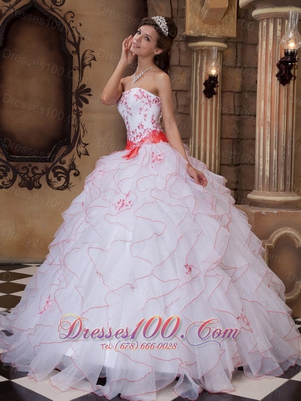 White and Orange Strapless Sash Ball Gown for Quince